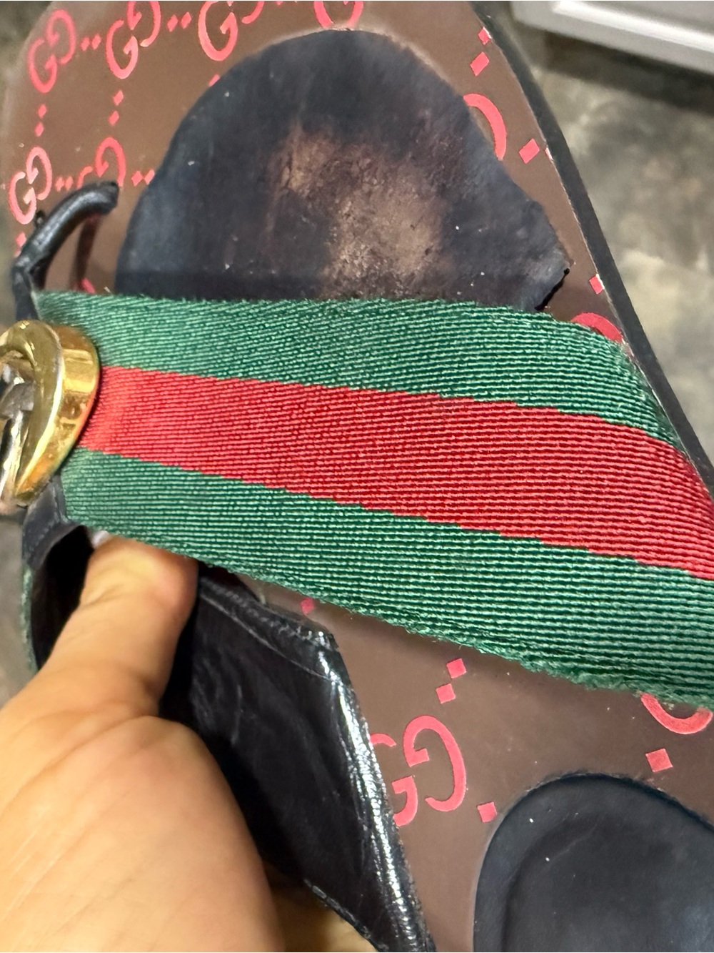 Gucci Green & Red Web Thong Sandals with Gold Double G - Picture 9 of 9